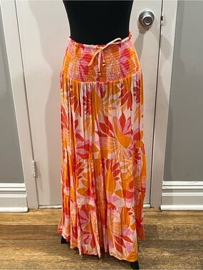 Tiered Floral Maxi Skirt with Smocked Waist in Pink & Orange